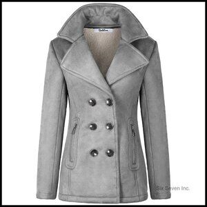 Fitted Long Sleeve Polyester Lining Soft Suede Pea Coat with Sherpa Lining